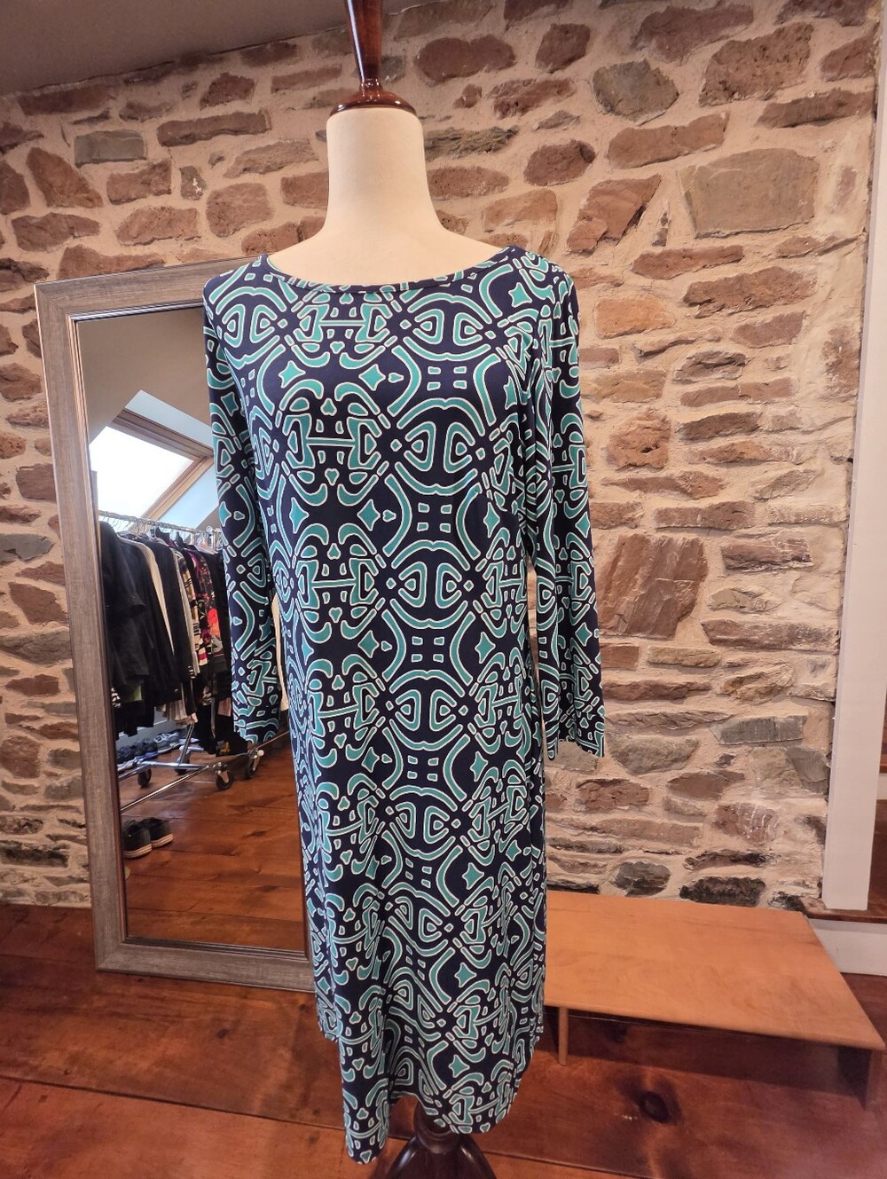 Laundry By Design Long Sleeve Geometric Midi Dress in Teal, White and Navy